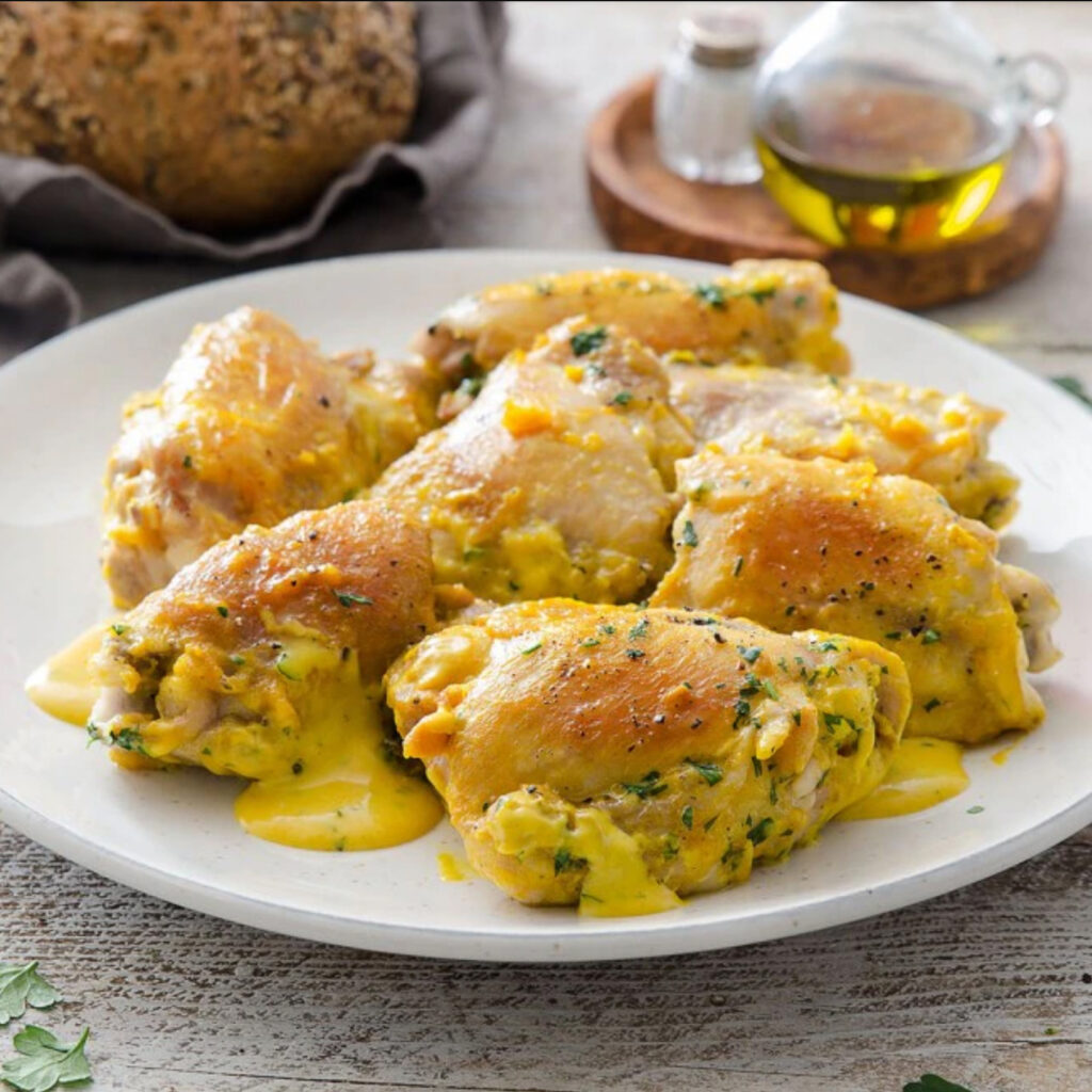 Pollo allo zafferano servito nel piatto con salsa gialla